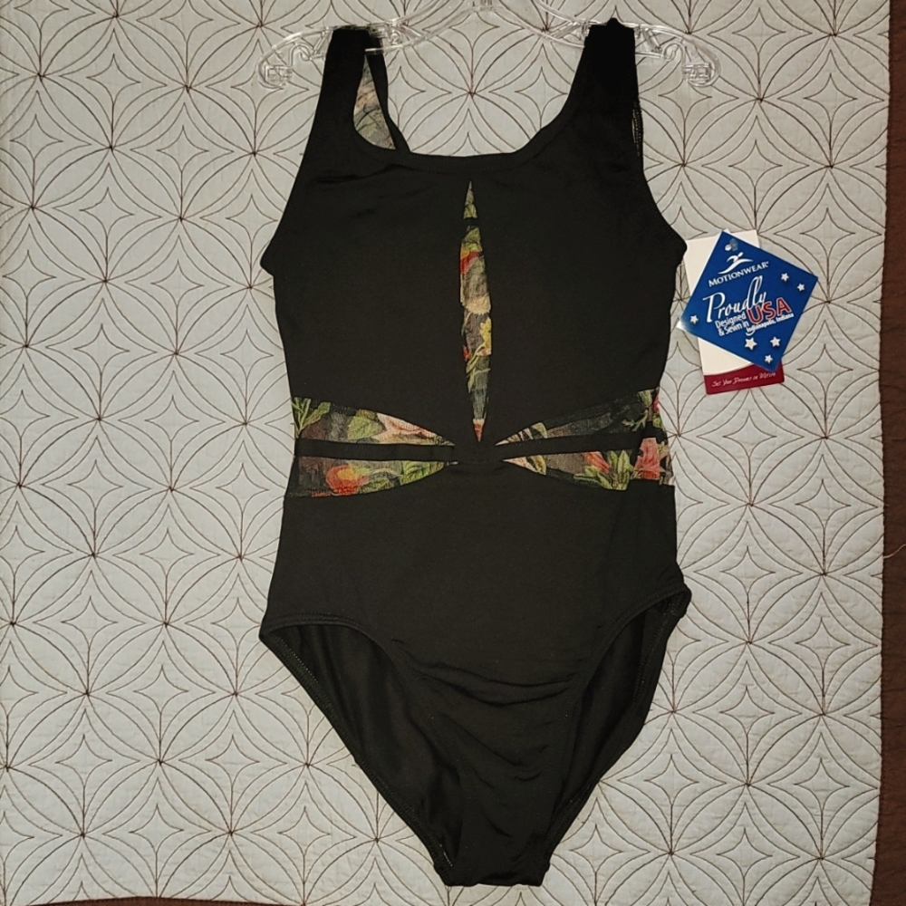 NWT Motionwear premium black Leotard with floral mesh cutouts multiple available